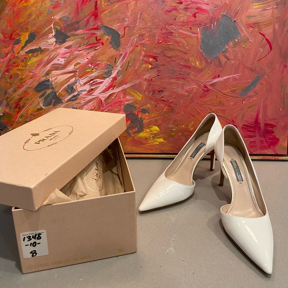 PRADA WHITE PATWNT LEATHER HEELS